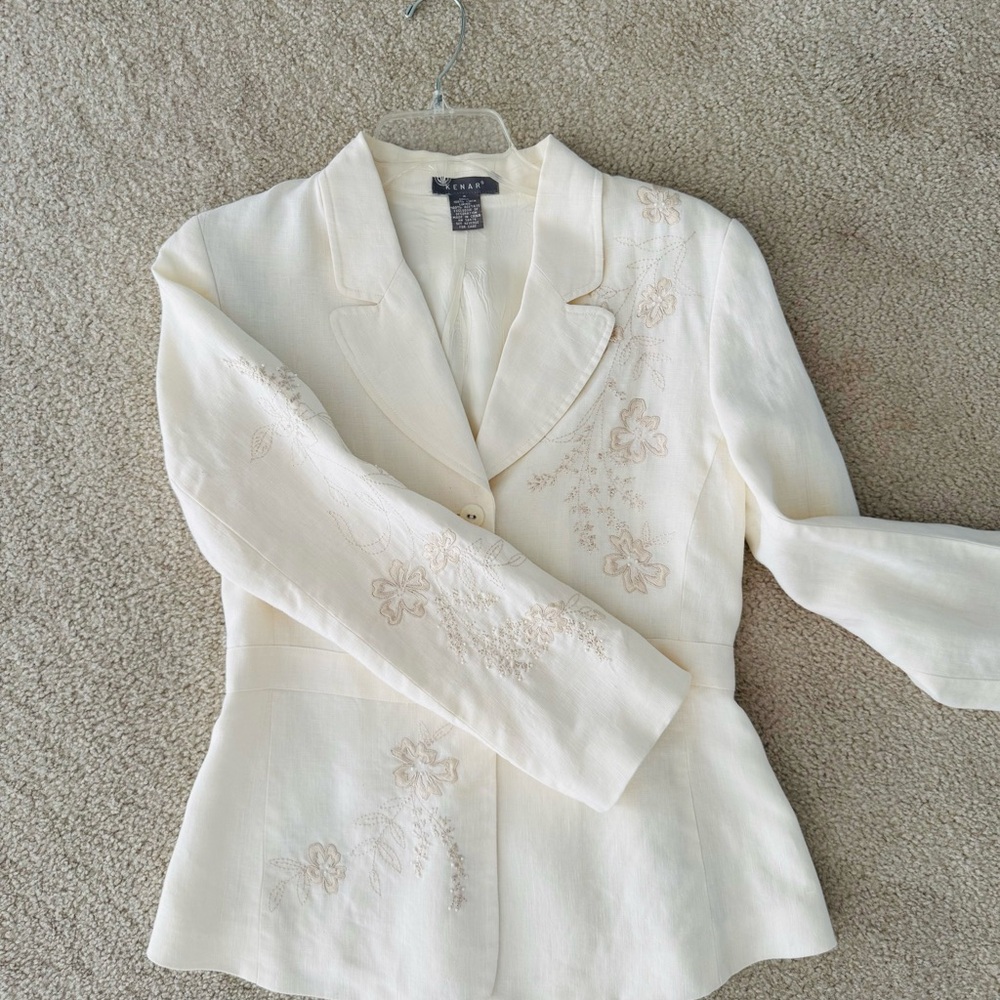 Kenar Linen Blazer with Beautiful Embroided Details. Tailored A-line